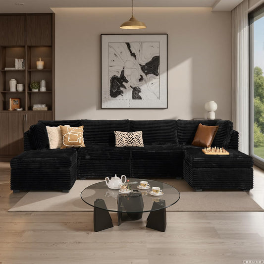 ovios Sectional Sofa Couch with U-Shape Chaise Ottomans, Comfy Modular Cloud Couches with Deep Seat, Modern Upholstered Plush Corduroy Sofas Set for Living Room, 6-Seater, Black