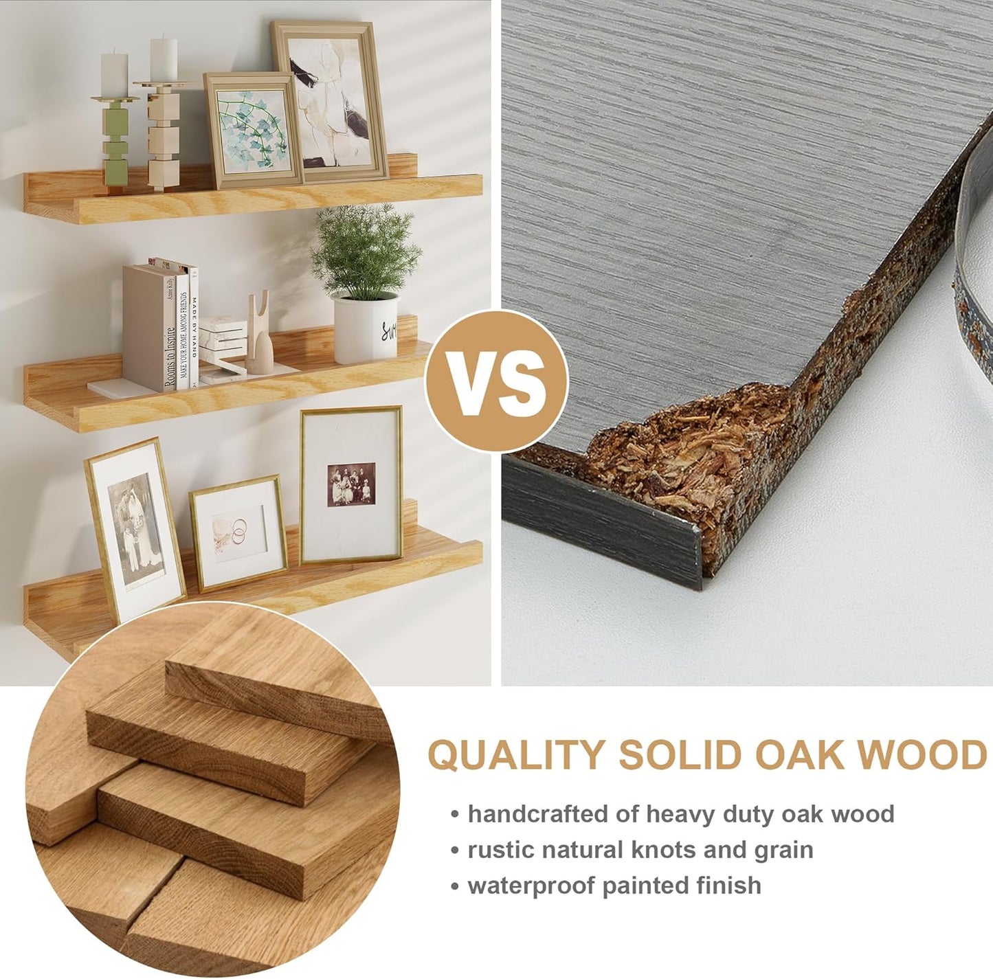 Floating Picture Ledge Shelves 55 Inch Solid Oak Wood Set of 2, Rustic Wall Storage Shelves with Lip, Kids Bookshelf, Photo & Picture Ledge Shelves for Bedroom, Living Room, Kitchen