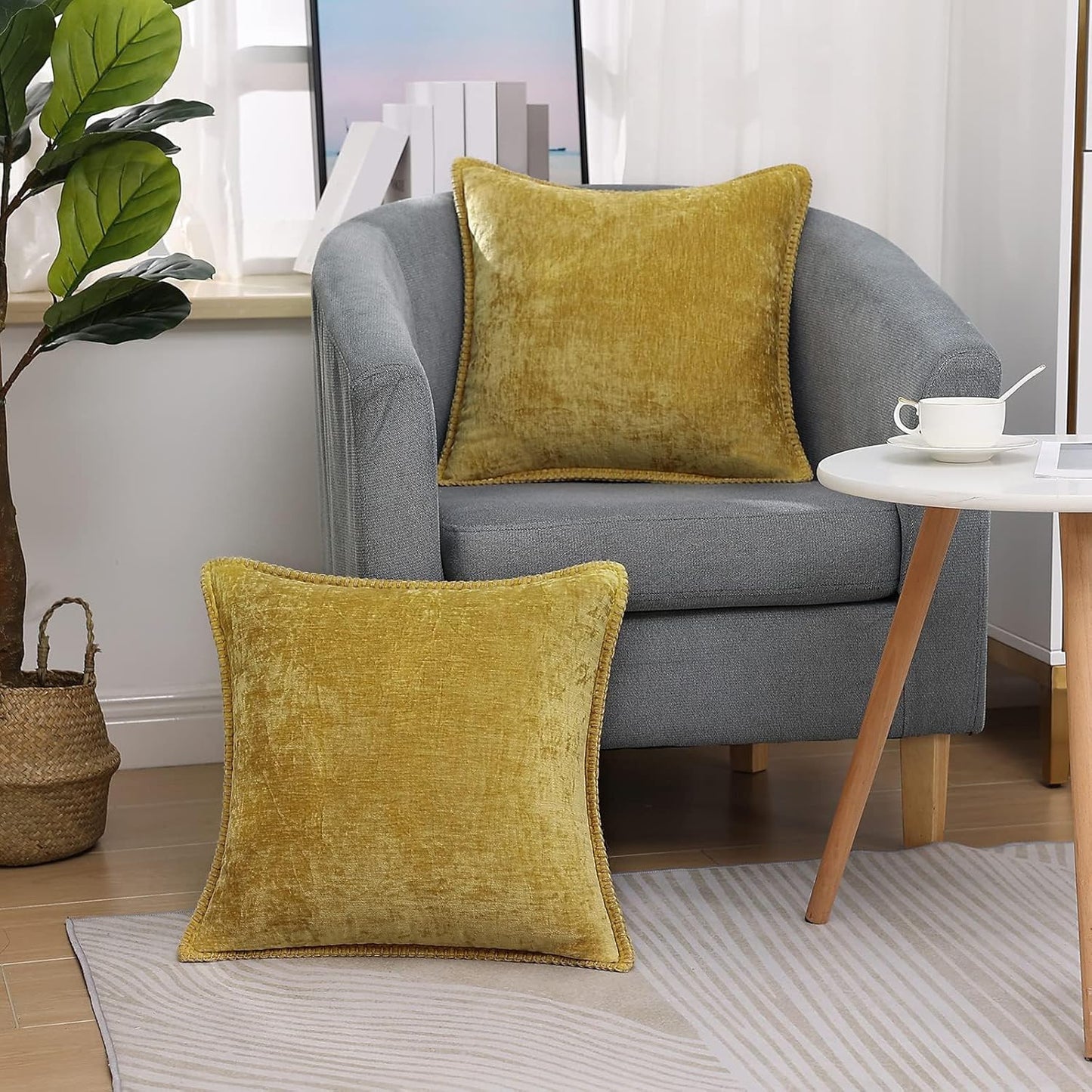 decorUhome Chenille Soft Throw Pillow Covers 20x20 Set of 2, Farmhouse Velvet Neutral Decorative Euro Pillow Covers with Stitched Edge for Couch Sofa Bed Home Decor, Mineral Yellow