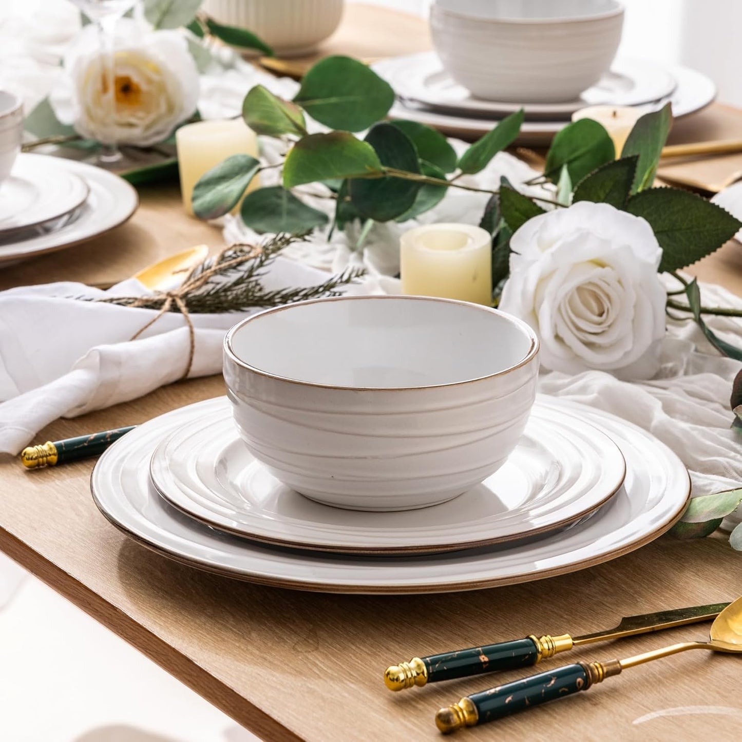 GBHOME Ceramic Dinnerware Sets,12 pcs Embossed Elegant Stoneware Plates and Bowls Sets, Housewarming Wedding Gift | Dishwasher & Microwave Safe | Dishes Set Service for 4