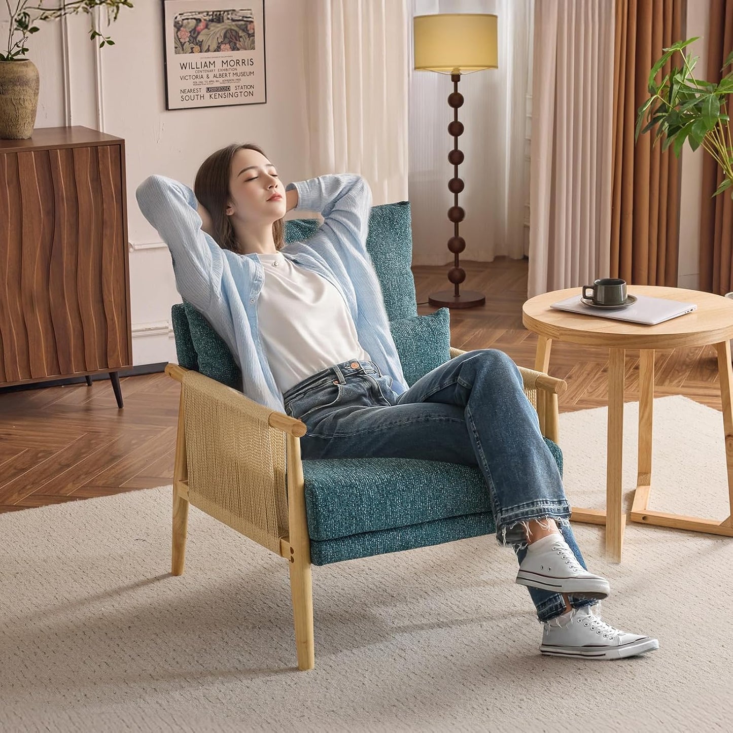 VINGLI Boho Braid Accent Armchair,Mid-Century Modern Chiar with Solid Wooden Armrest,Comfy Louge Cushion Chair with Waist Pillow for Bedroom,Living Room,Reading Room, Teal