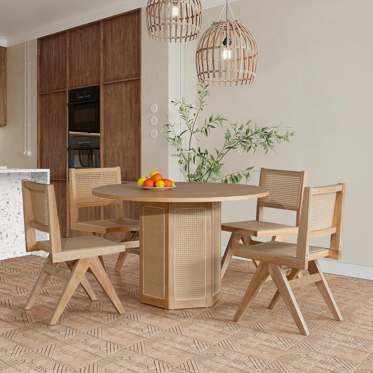 Cane Kitchen Chairs Set of 6, Armless Dining Room Chairs Solid Wood