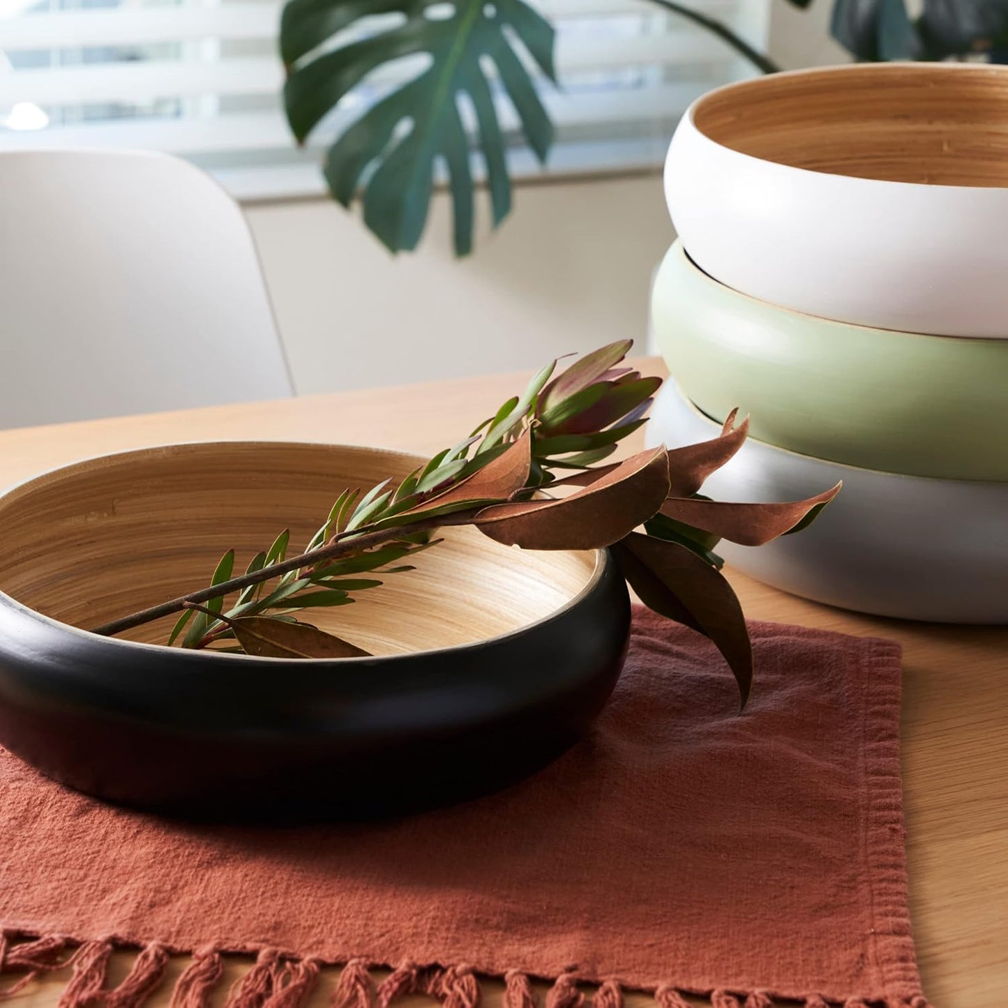 Fruit Bowl For Kitchen Counter, Decorative Bowl, Large Serving Bowl Or Fruit Basket For Kitchen Spun Bamboo (Black)