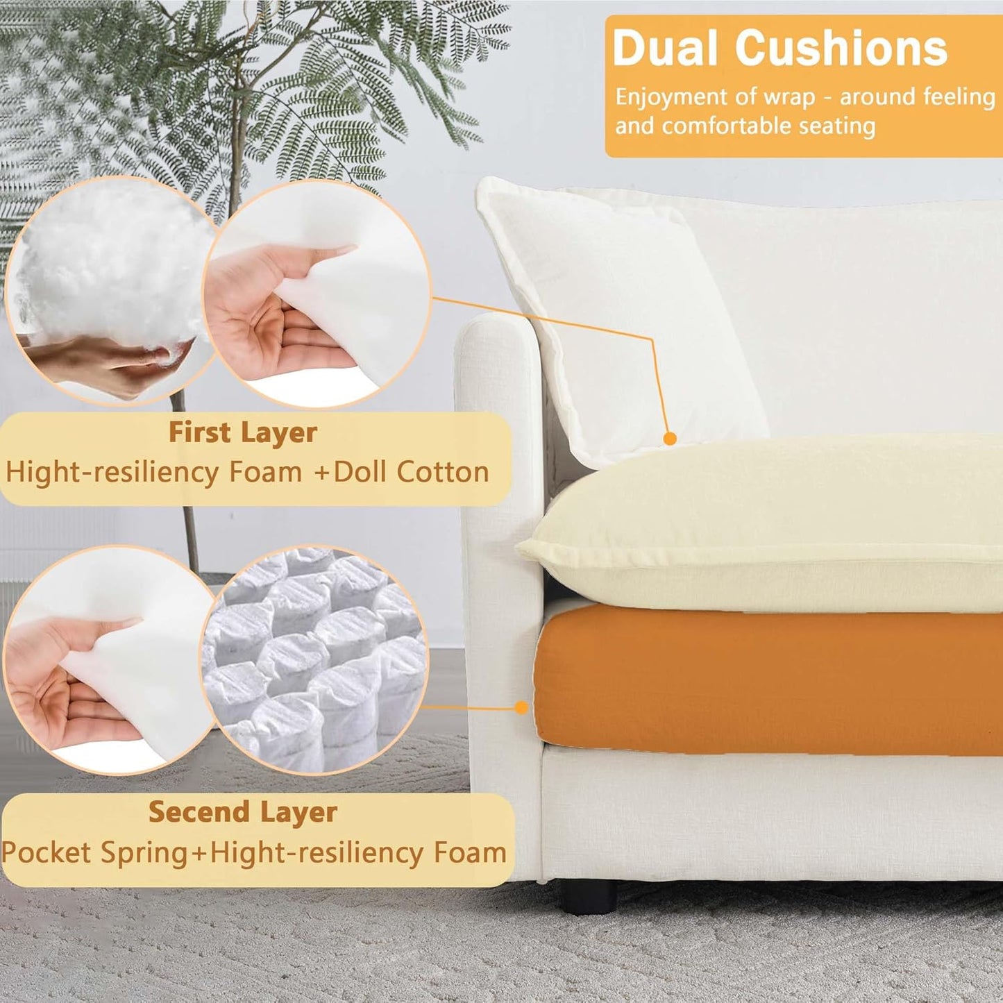Sectional Sofa 2 Seater with Movable 1 Ottoman,Oversized Modular Couch Deep Seat (Beige, 76.7 inch-L)