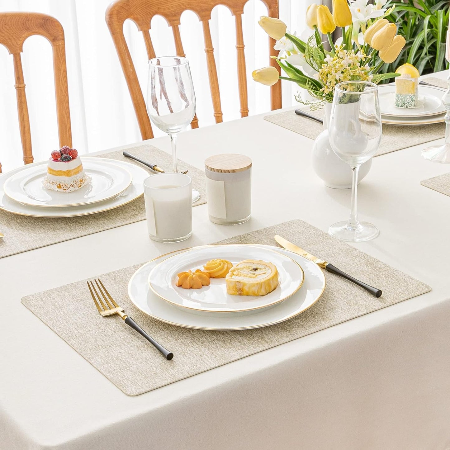 Romanstile Vinyl Placemats Set of 12-12 X 18 Inch - Heat Resistant Place Mats 100% Waterproof Oilproof Wipeable Reversible Faux Leather Table Mats for Kitchen/Dining/Party/Outdoor, Beige