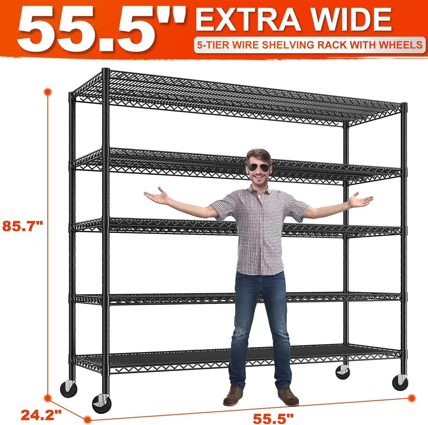 REIBII 85.7" H Storage Shelves 2998LBS Metal Shelving Unit with Wheels & Feet, 5 Tier Garage Shelving Heavy Duty Adjustable Wire Shelf for Pantry Kitchen Garage, 85.7" H X 55.5" W X 24.2" D, 2PCS