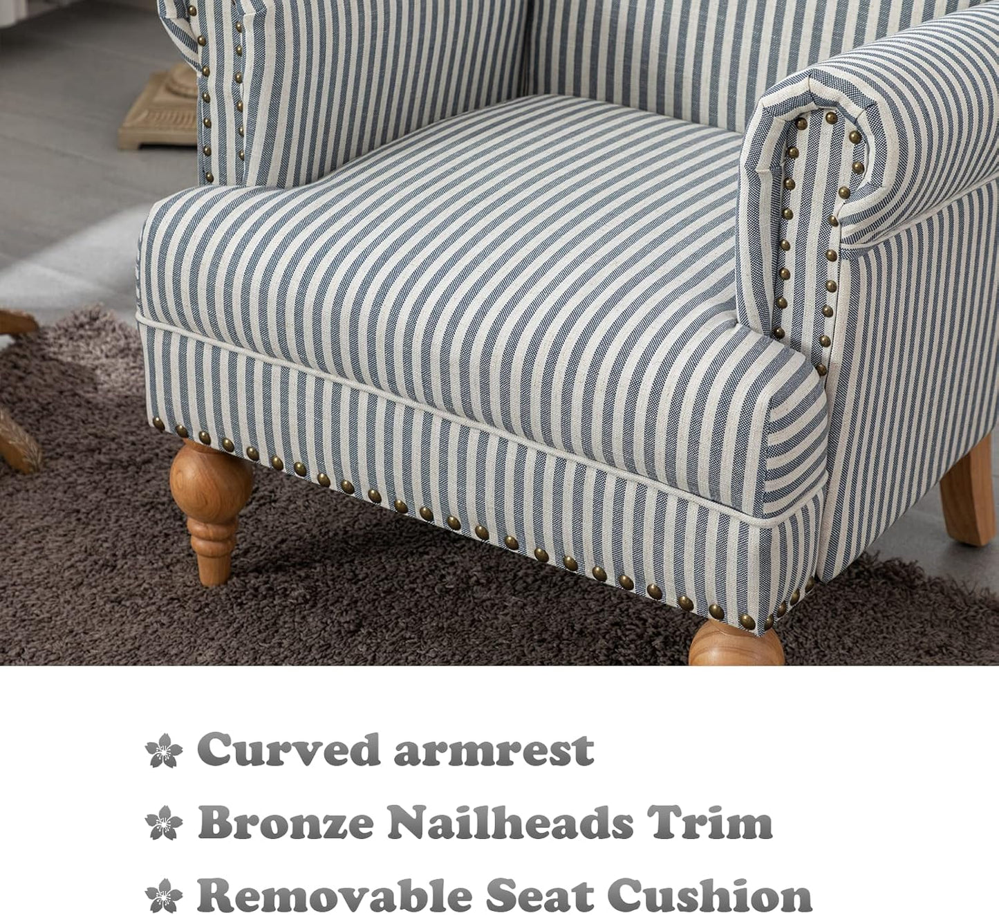 chairus Linen Accent Chair for Living Room Set of 2 Upholstered Mid Century Modern Single Sofa Chair with Solid Wood Legs Comfy Reading Armchair for Bedroom/Office Room/Recption/Lounge, Blue Stripe