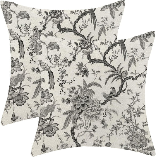 CXMEIFLY Spring Floral Birds Pillow Covers 16 x 16 Inch Set of 2 for Chinoiserie Flowers Decor Throw Pillows Black and White Plant Outdoor Decorative Cushion Cases for Couch Bed Decorations