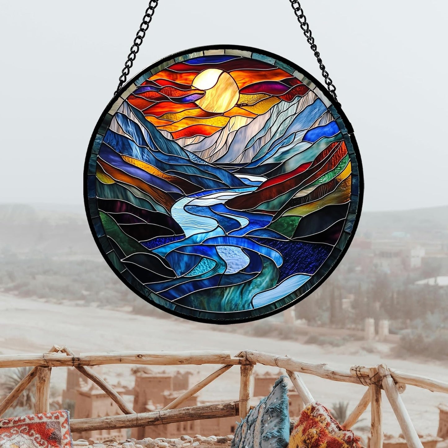 Stained Glass Window Hanging, Canyon Mountains Sunset View Sun Catcher for Window Home Decor Landscape Suncatcher Mother's Day Birthday Gifts for Women Men Mom and Nana 6.3 in
