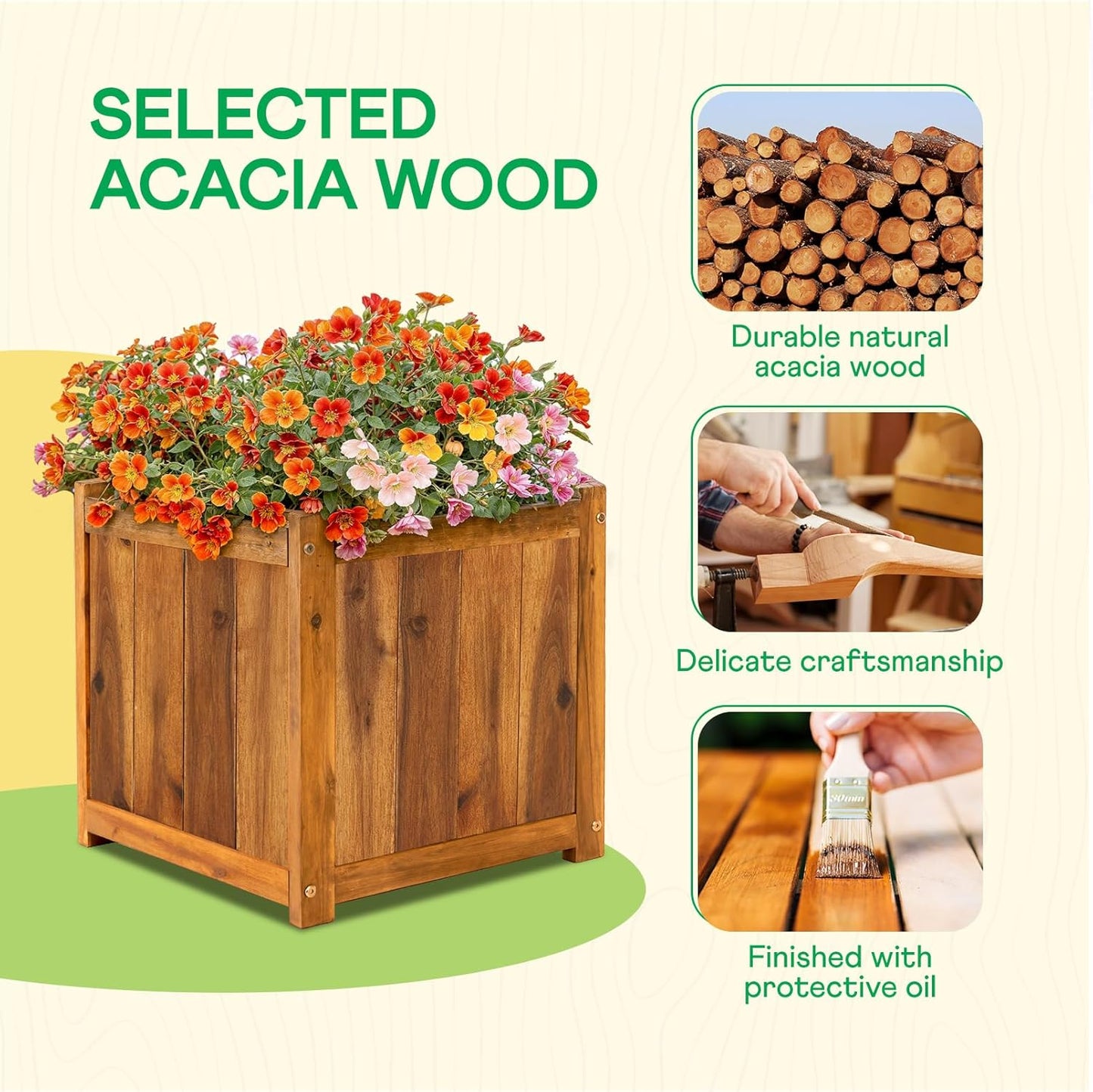 IDZO Acacia Wood Flower Planter Box for Outdoor Plants, 1pc Wooden Raised Garden Bed with Handles, Drainage Holes, Ideal for Garden and Home Décor, Light Cherry