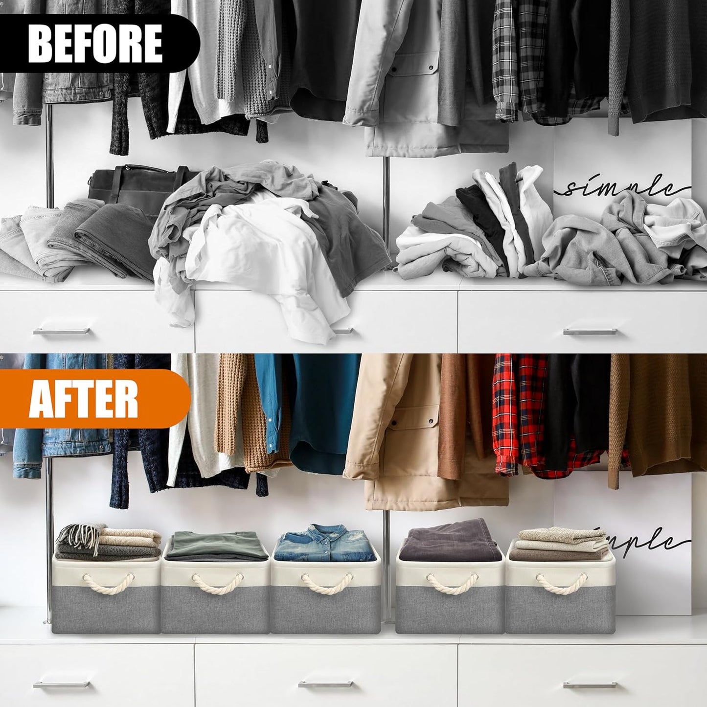 SIMPLE HOUSEWARE Large Fabric Storage Bin, 15.7" x 12" with Braided Handles, 3 Pack, Gray