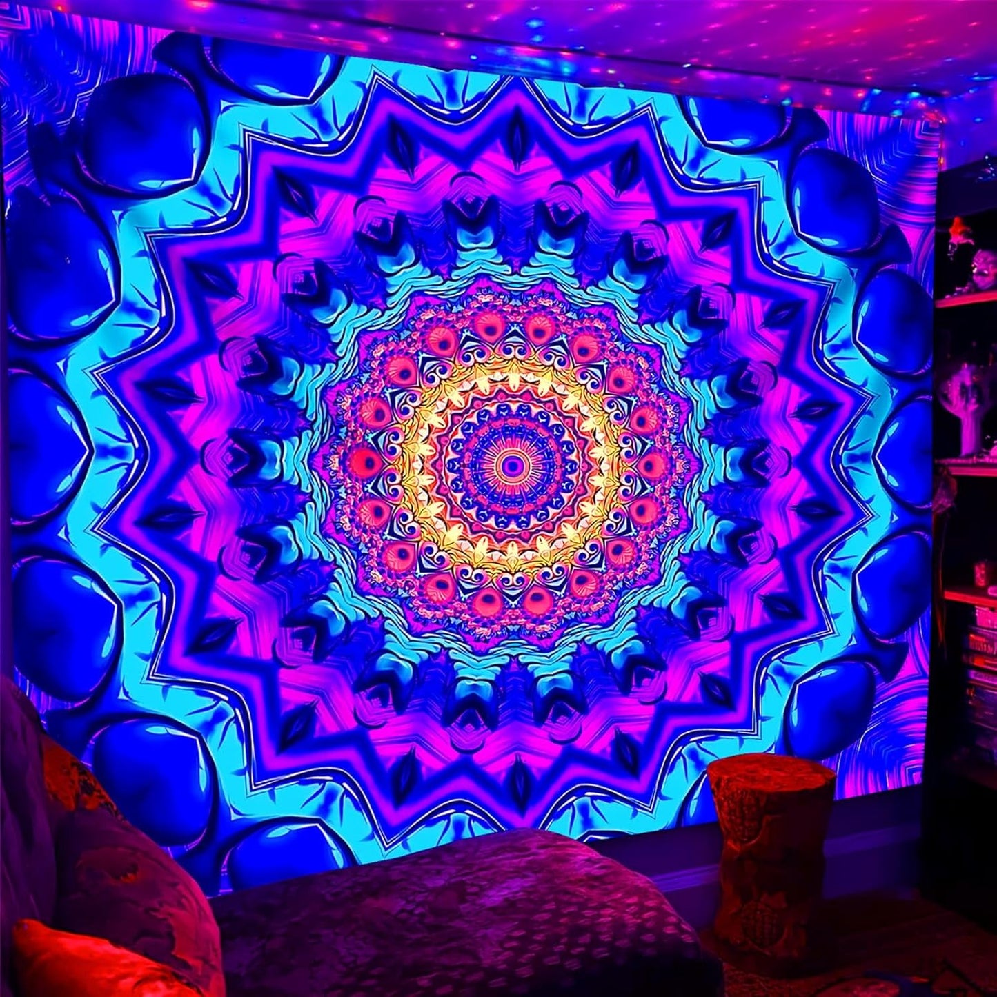 PSYHILAR Blacklight Mandala Tapestry for Bedroom, Black Light Posters for Adults and Teens, Colorful UV Reactive Aesthetic Bohemian Wall Art Decor (80 x 60 Inches)