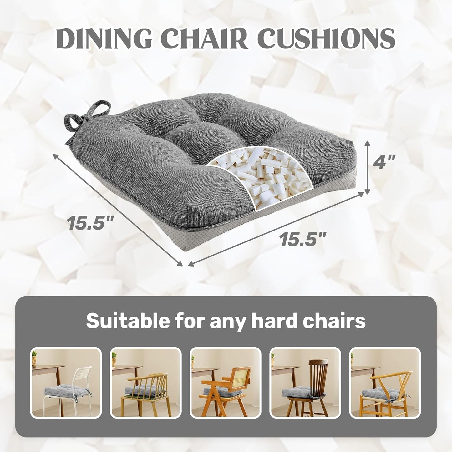 puredown® Chair Cushions for Dining Chairs, Tufted Memory Foam Chair Pads with Non-Slip Backing, Kitchen Seat Cushions with Ties, Washable Seat Pad Set of 4, 15.5" x 15.5" x 4", Dark Grey
