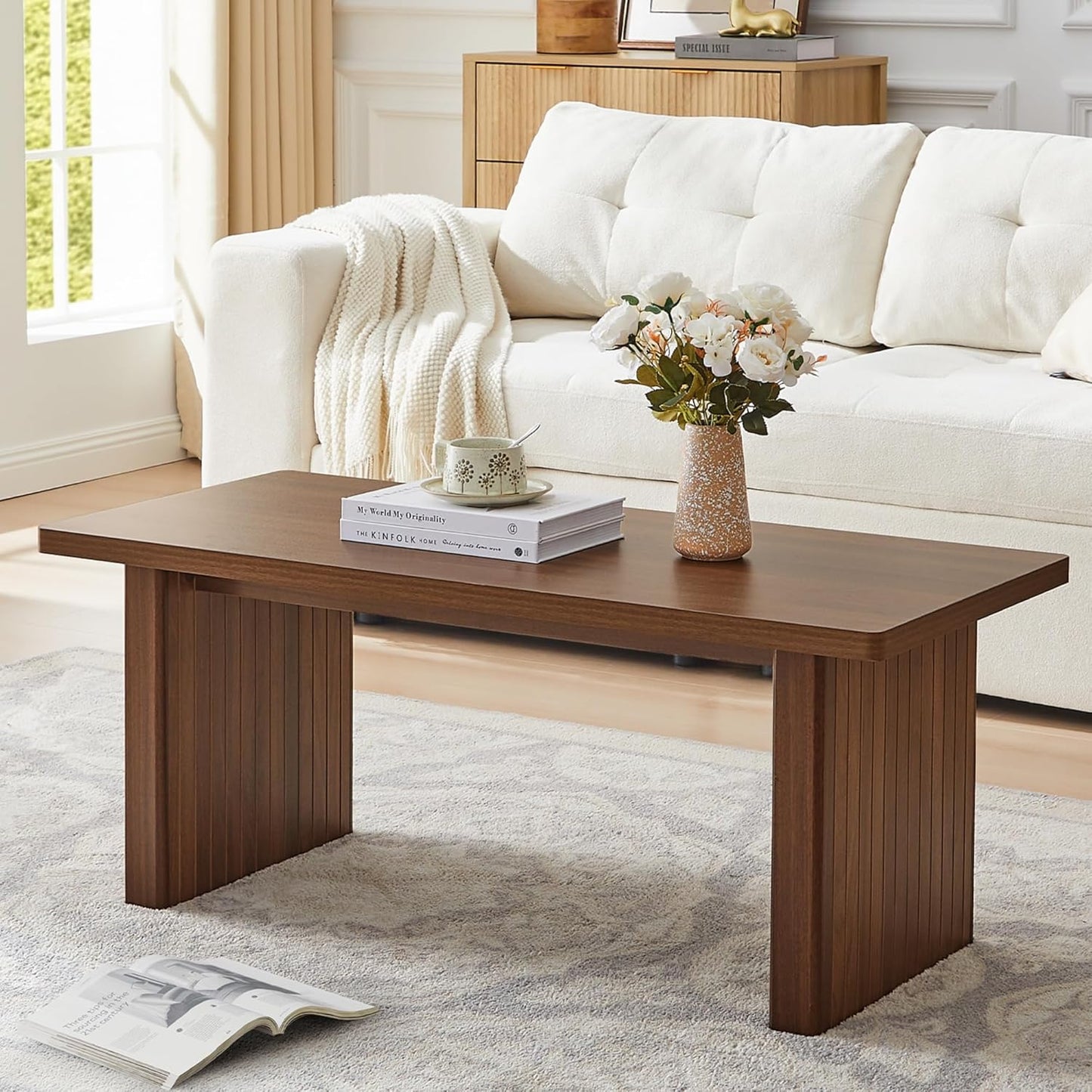 Rectangular Fluted Coffee Table, Farmhouse Wood Coffee Table Mid Century Modern Center Table Boho Living Room Tables for Living Room Office (Walnut, 19.69" D x 43.3" W x 17.72" H)