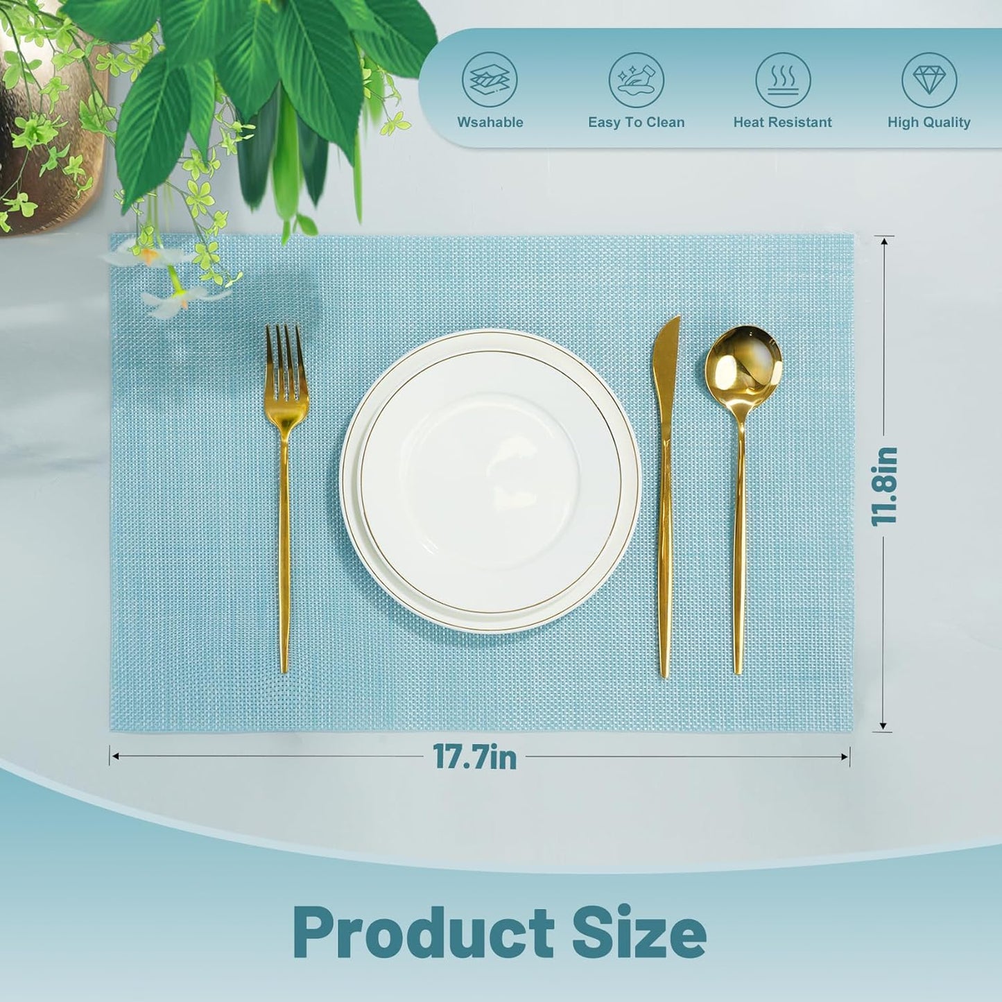 Placemats Set of 8，Non-Slip PVC Weave Table Mats Easy to Clean，Heat Resistant Place Mats for Kitchen Dining Table Decoration Indoor Outdoor，Blue