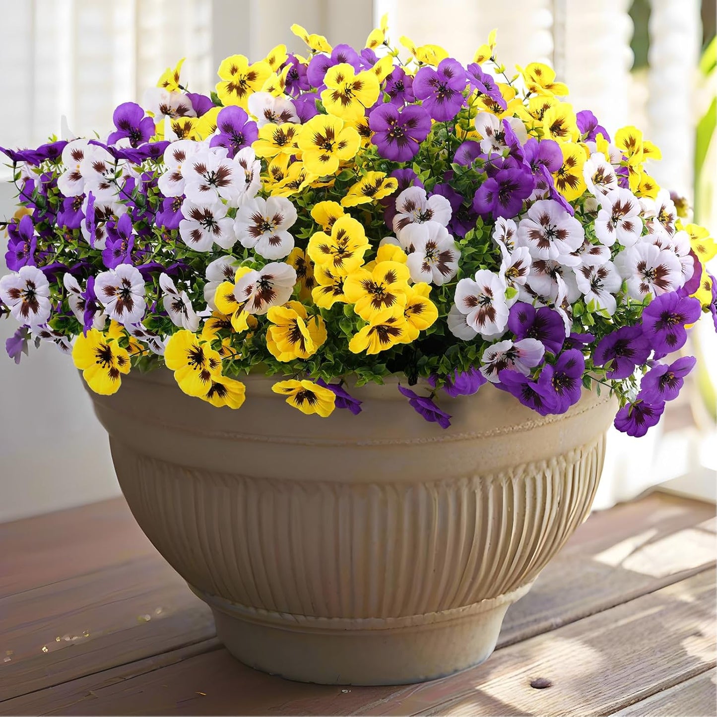 18 Bundles Artificial Fake Pansy Flowers for Outdoor, Faux UV Resistant Silk Pansies Flowers for Outside Planter Front Door Porch Yard Patio Window Box Home Decor (18, Purple, Yellow, White)