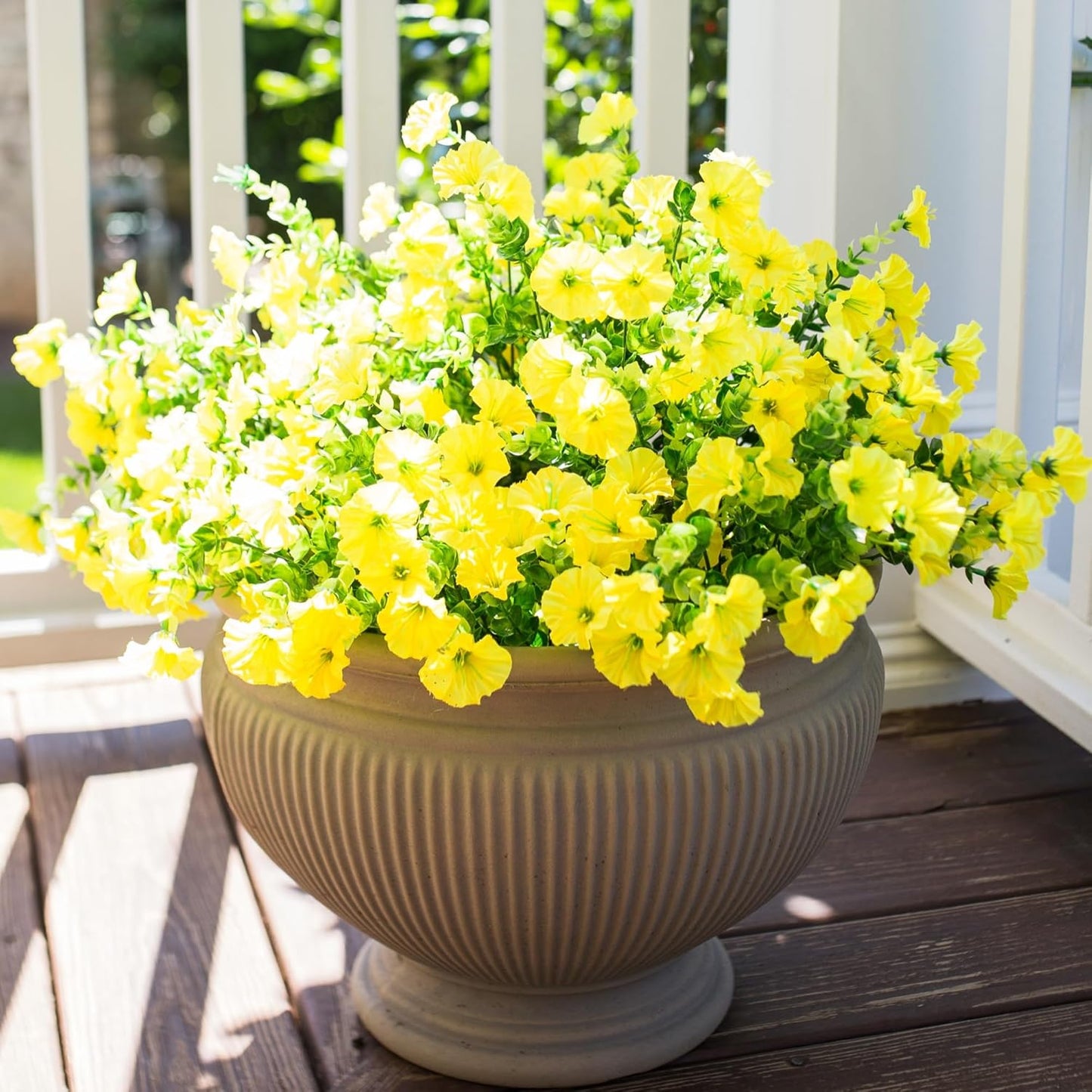 Artificial Mums for Outdoors Fake Fall Flowers Plants for Autumn Decoration, 12 Bundles Silk Morning Glory with Eucalyptus Look Real UV Resistant Yellow Faux Mums for Outside Planters Front Door Yard