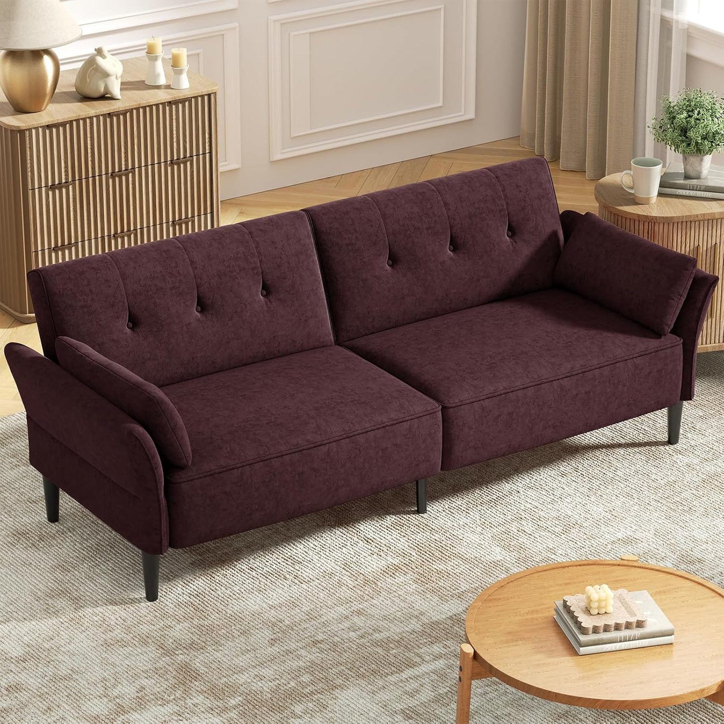 89” Futon Sofa Bed, Velvet Fabric Comfy Futon Couch Bed with 2 Square Pillows, Convertible Sleeper Sofa with Adjustable Backrest& Armrests, Modern Loveseat Sleeper for Living Room, Burgundy