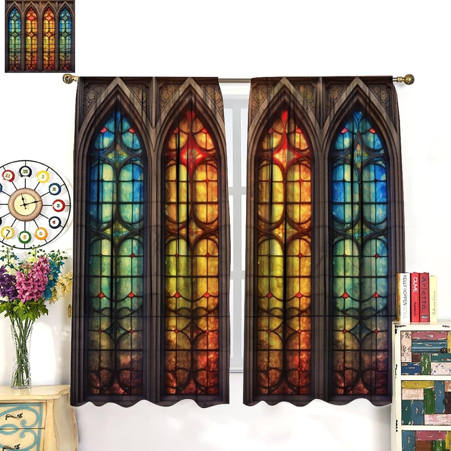 Stained Glass Curtains,Mid Century Vintage Style Abstract Art Home Decor Drapes for Bedroom Living Room Kitchen Window Treatment 2 Panels Set Total Size 52" W X 84" L Inch