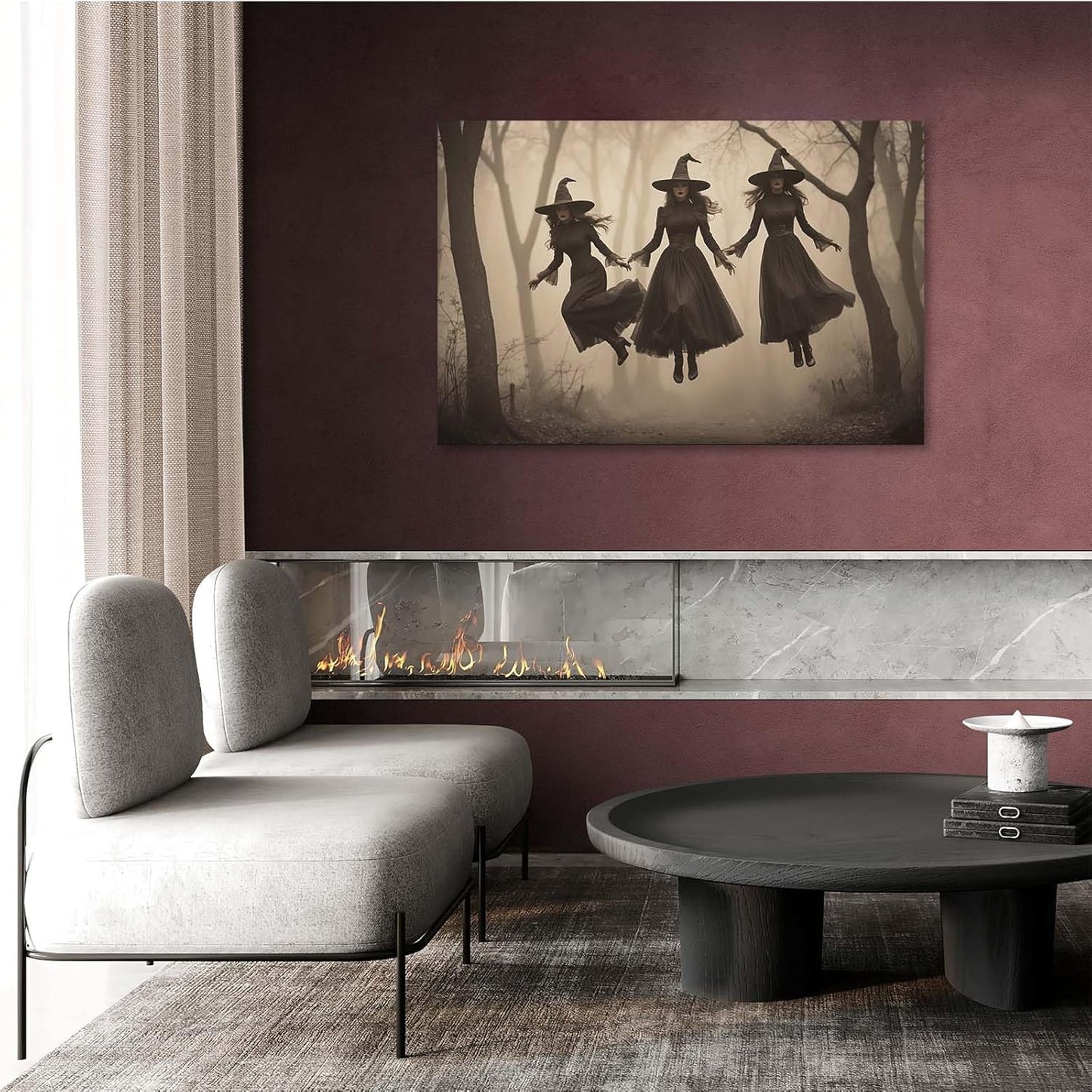 JFHCQJPK Three ghost witches flying in vintage forest gothic wall art witchcraft decoration holiday gift canvas wall art print24x36in Frameless