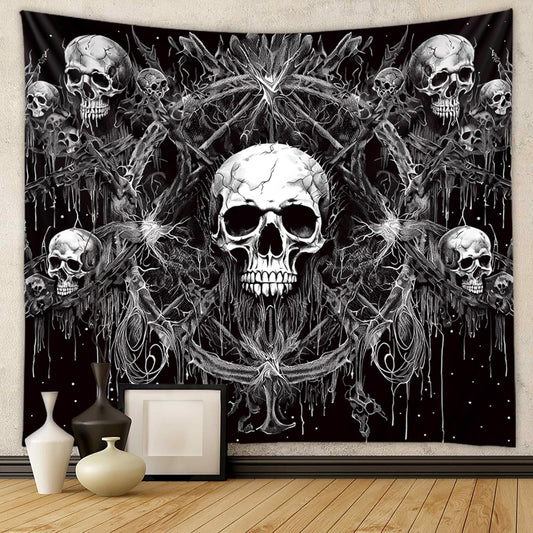 Tapzen Gothic Black and White Wall Tapestry - Dark Skeleton Horror Design - Aesthetic Cool for Bedroom or Living Room (60 x 40 inches)