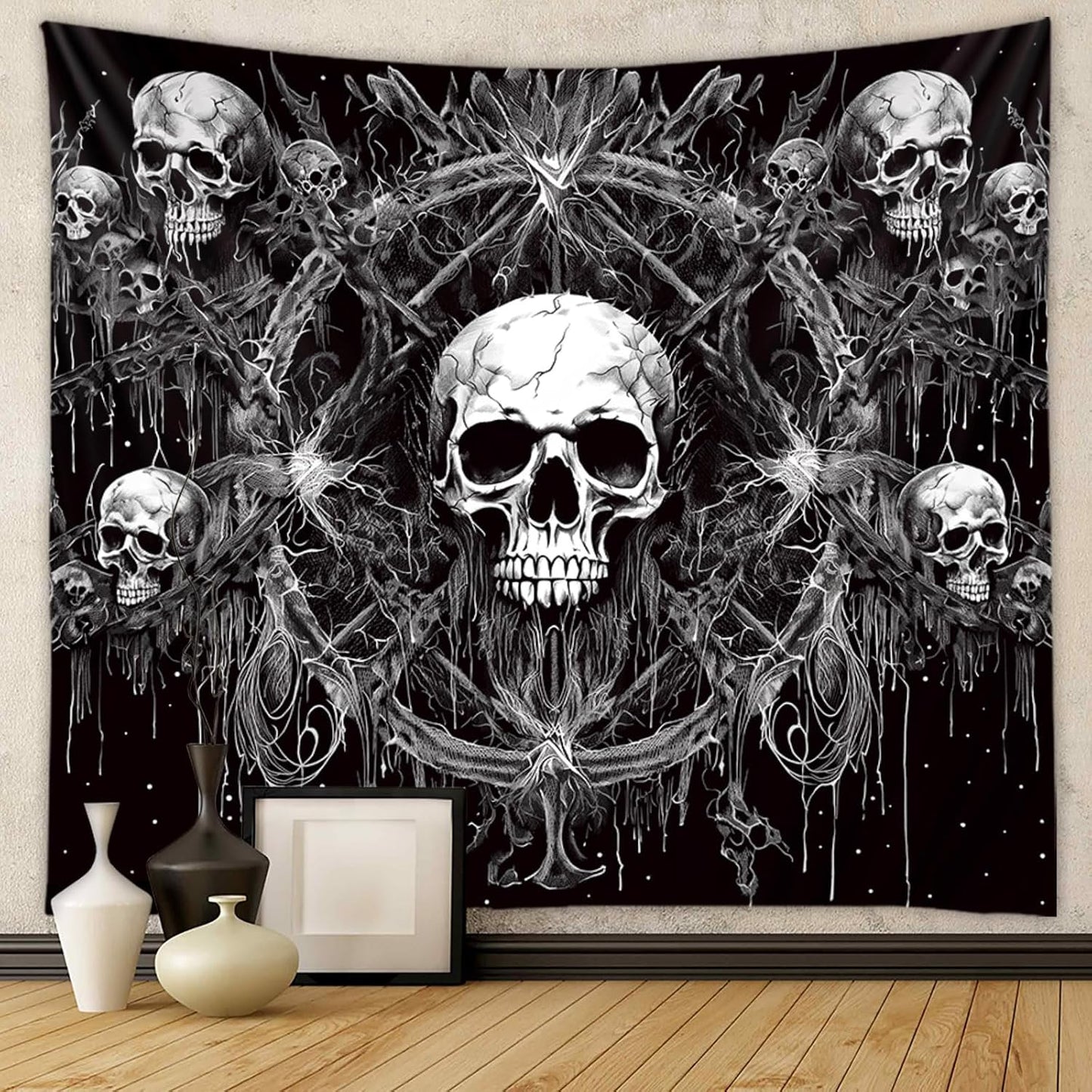 Tapzen Gothic Black and White Wall Tapestry - Dark Skeleton Horror Design - Aesthetic Cool for Bedroom, Living Room or Dorm (90 x 70 inches)