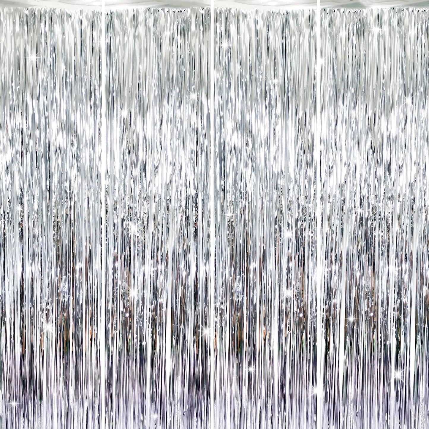 GOER 3.2 ft x 8.2 ft Metallic Tinsel Foil Fringe Curtains Party Photo Backdrop Party Streamers for Birthday,Graduation,New Year Eve Decorations Wedding Decor (4 Packs,Silver)