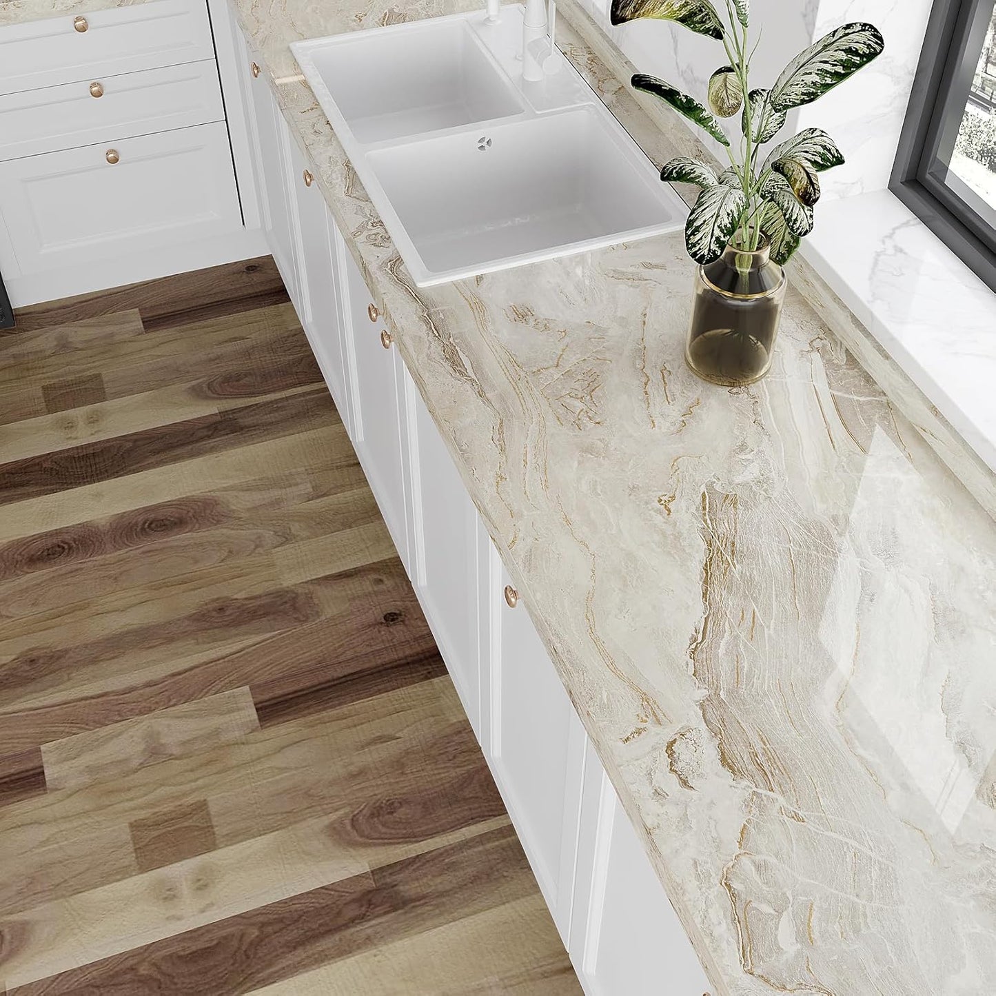 VEELIKE 15.7''x118'' Beige Gold Liquid Marble Contact Paper for Countertops Peel and Stick Waterproof Granite Countertop Paper Self Adhesive Marble Wallpaper Vinyl Roll for Kitchen Bathroom Table Wall