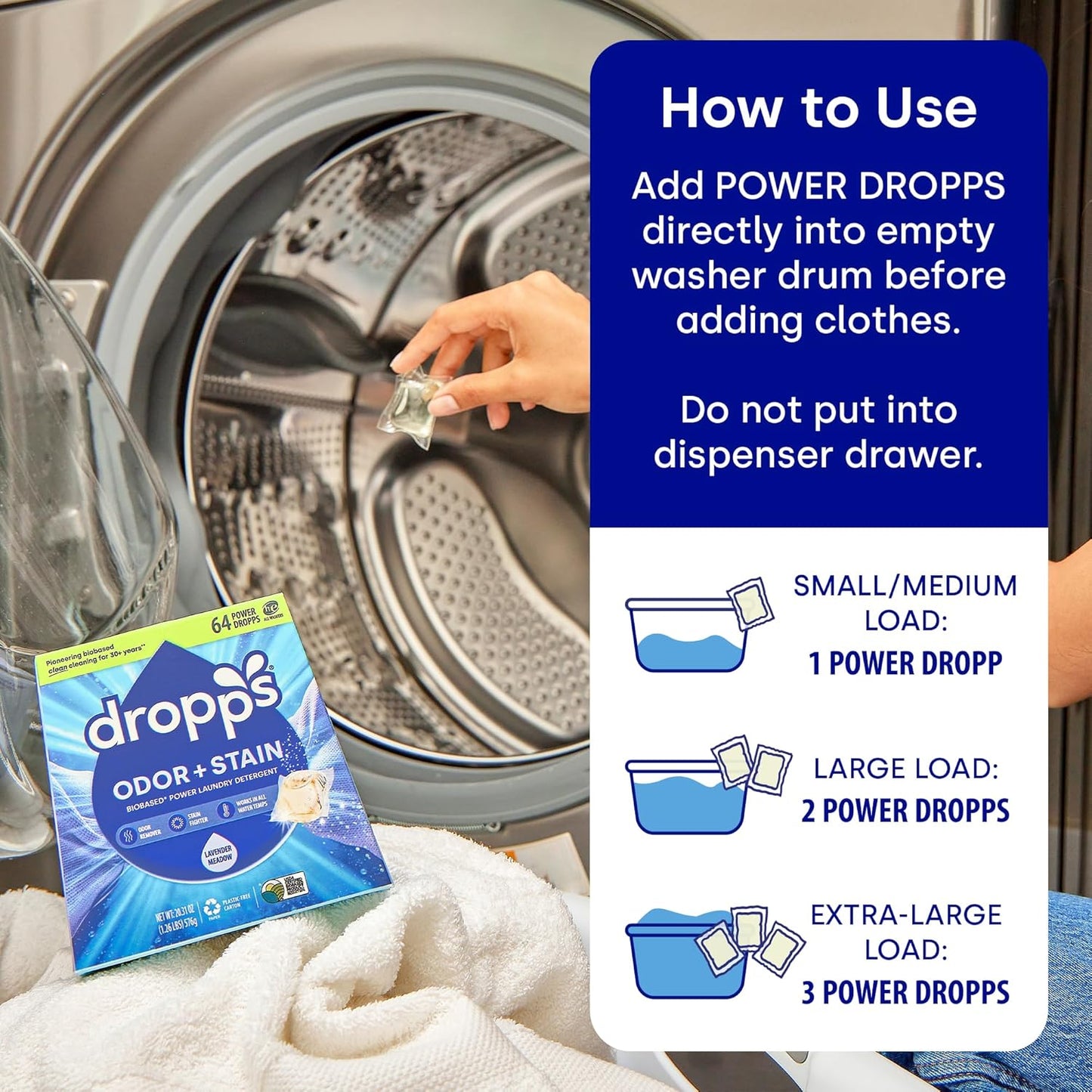 Dropps Odor & Stain Biobased Power Laundry Detergent Pods, Crisp Breeze (32 Pods) - HE Compatible Laundry Pods for Fresh Clothes - Laundry Soap Supplies & Recyclable Paperboard Packaging