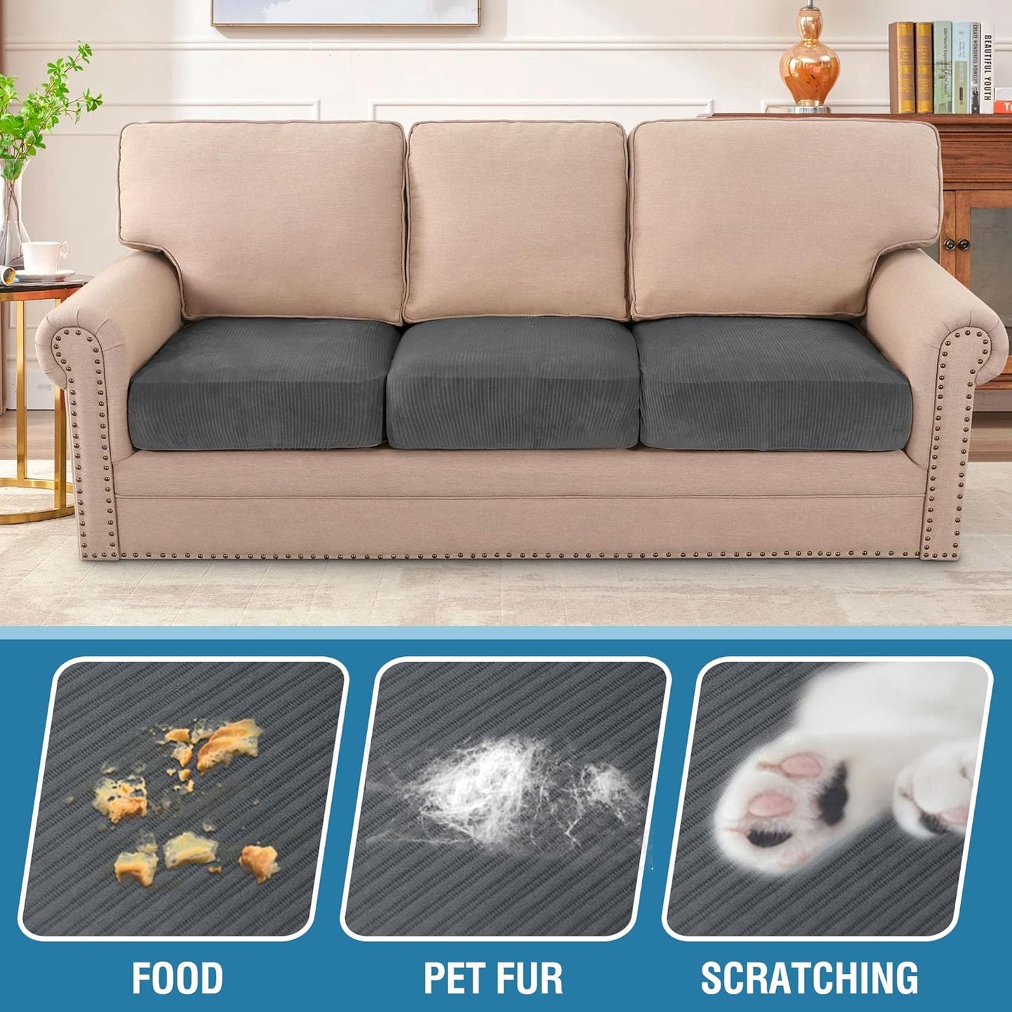H.VERSAILTEX Velvet Stretch Couch Cushion Cover Plush Cushion Slipcover for Chair Loveseat Sofa Cushion Furniture Protector Seat Cushion Sofa Cover (3 Piece Sofa Cushion Covers, Grey Striped)