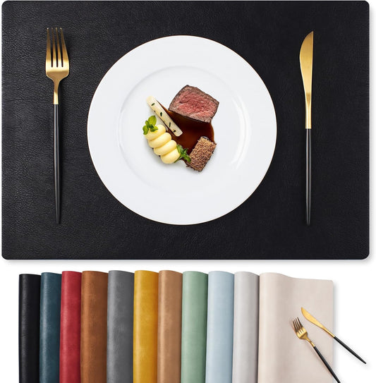 MOSAYT Vinyl Placemats Set of 8-12 X 17 Inch - Faux Leather 100% Waterproof Oil-Proof Wipeable PU Place Mats, Heat Resistant Reversible Table Mats for Kitchen, Dining, Outdoor (Black)