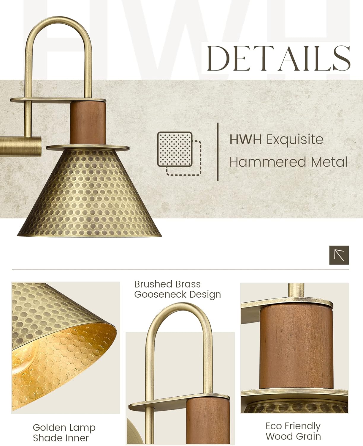 Antique Brass Wall Sconce, HWH Gooseneck Barn Wall Light Fixtures, 1-Light Single Wall Vanity Light, Farmhouse Wall Lamp for Bedroom Bedside Kitchen Hallway, Hammered Metal Shade, 5HZG74B-L BG