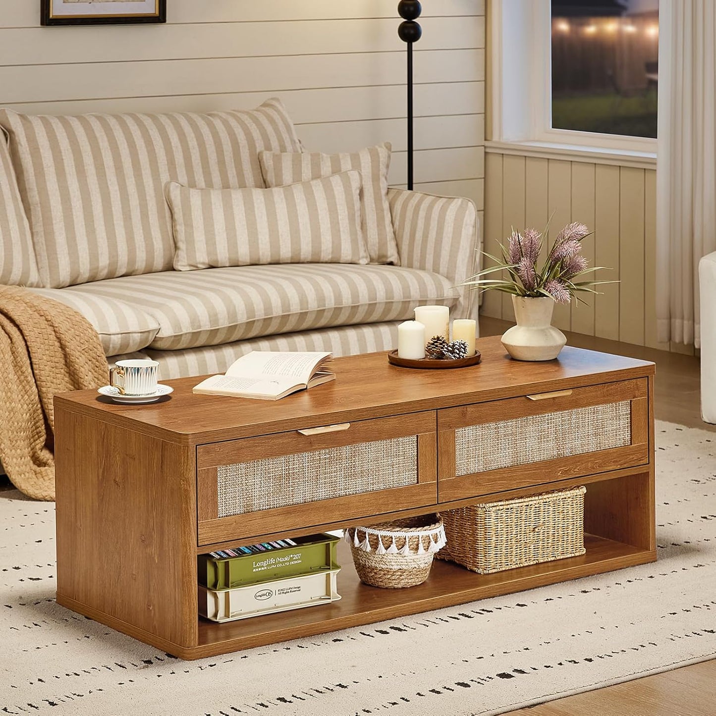 LEYAOYAO Boho Rattan Coffee Table and End Table Sets, 48" Wide Center Tables & 23" Night Stand with 3 Drawers, Brown Wood Coffee Table for Living Room 3 Piece Set