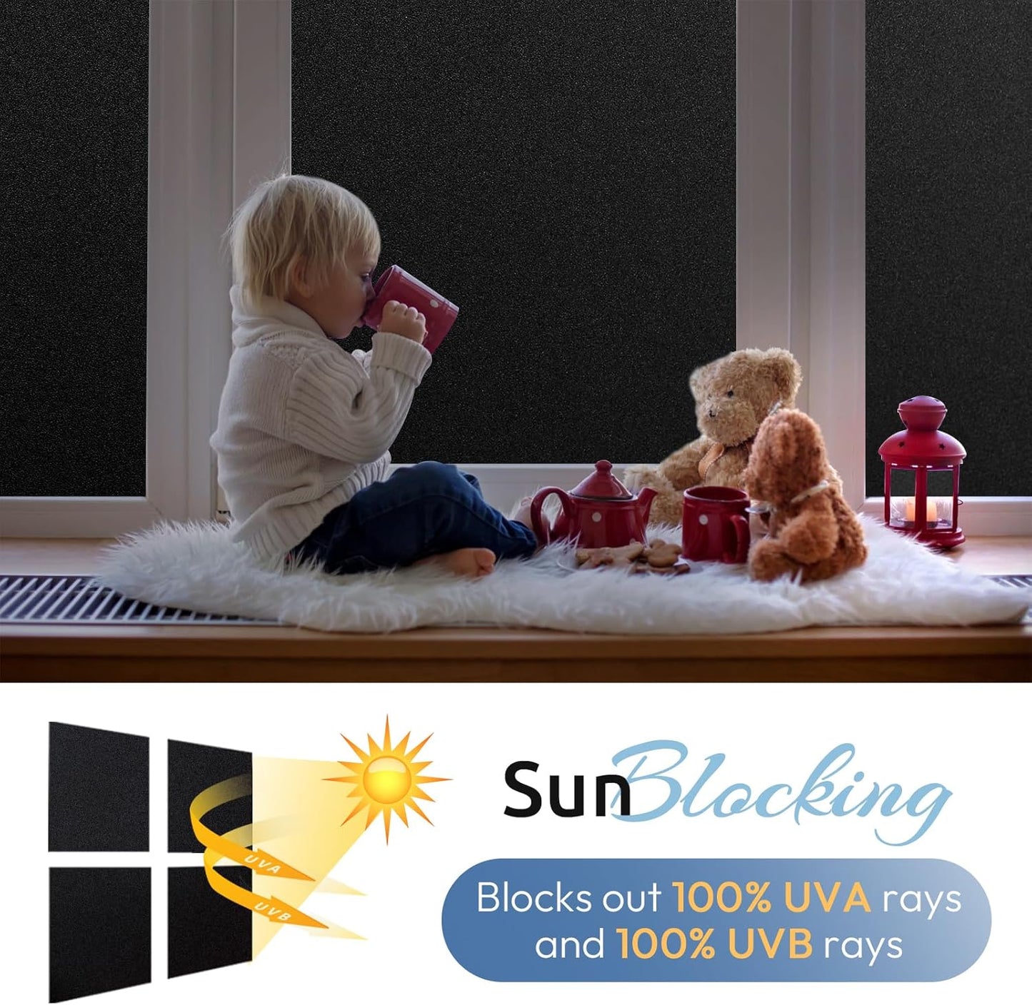 rabbitgoo Blackout Window Film, Sun Heat Blocking Privacy Cover for Glass, Removable Opaque Room Darkening Dark Black Out Window Covers Tint Shades for Home Day Sleep Light Blocker 35.4 x 157 Inches