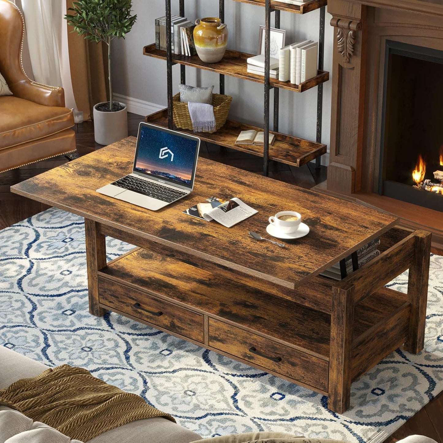 Rolanstar Coffee Table, 47.2" Lift Top Coffee Table with Drawers and Hidden Compartment, Retro Central Table with Wooden Lift Tabletop, for Living Room, Rustic Brown