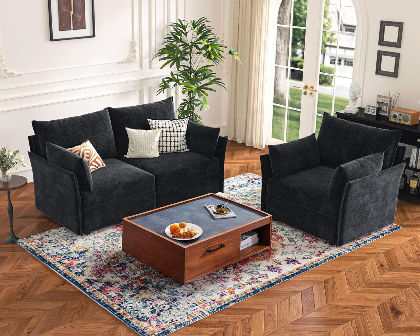 136.4" Oversized Modular Sectional Sofa, U Shaped Convertible Couch with Movable Ottoman, Large 7 Seat Corner Couches for Living Room Deep Seat Black Chenille