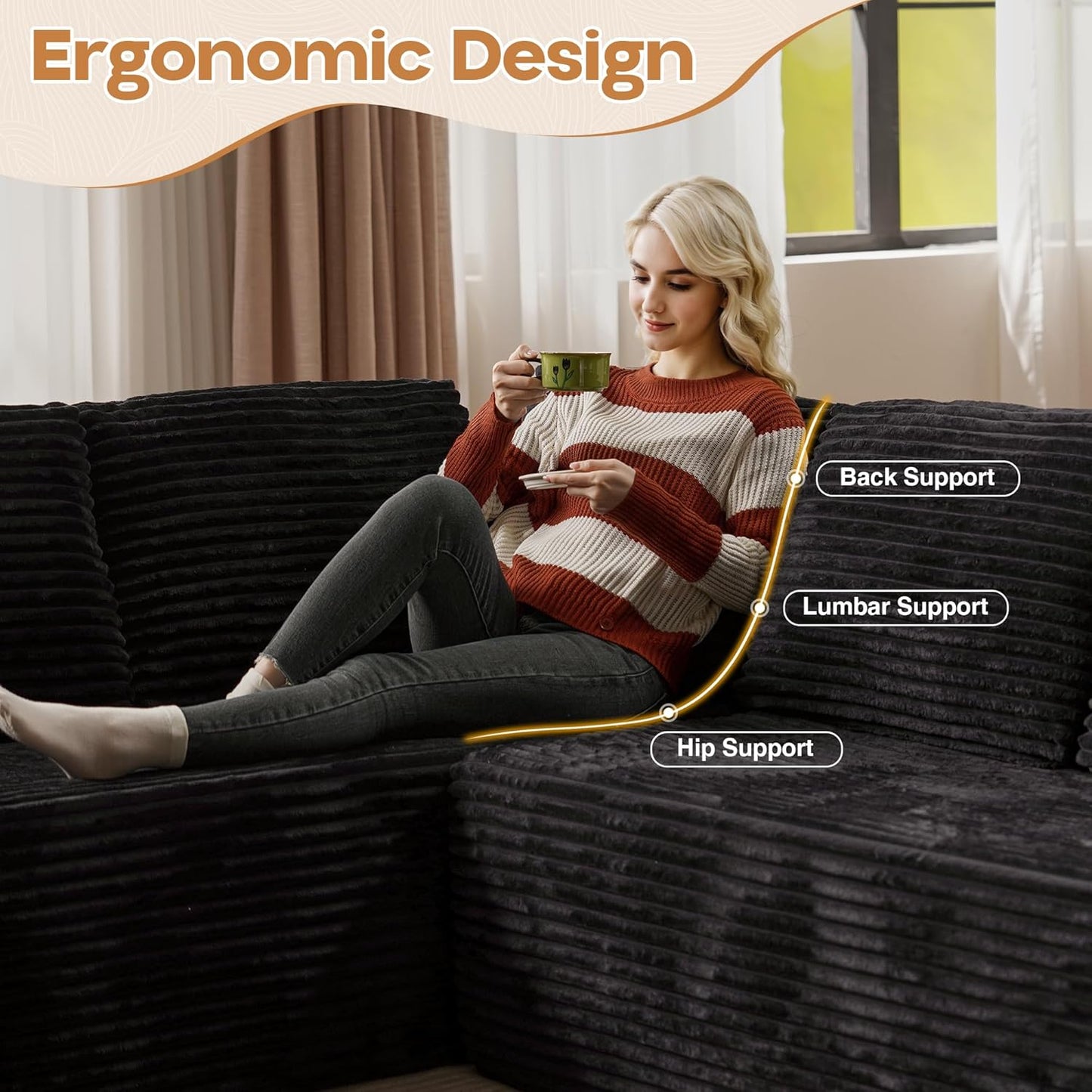 Cloud Sectional Couches for Living Room,U Shaped Modular Sofas No Assembly,135x107 Inches Plush Corduroy Oversized Floor Couch Set with Deep Seat Chaise,Black