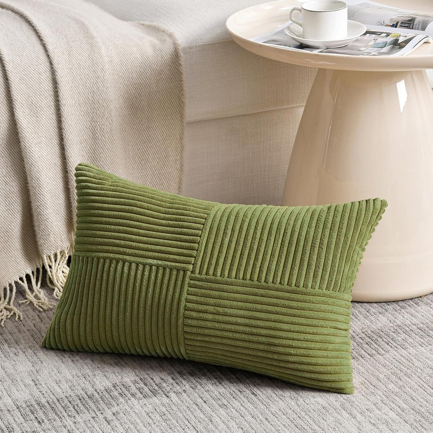 Fancy Homi 2 Packs Moss Green Long Lumbar Decorative Throw Pillow Covers 12x24 Inch for Couch Bed Sofa, Rustic Farmhouse Boho Home Decor, Soft Striped Corduroy Rectangle Accent Cushion Case 30x60 cm