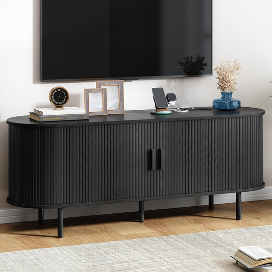 55" TV Stand with Power Outlet, Modern Media Console with Sliding Doors, Entertainment Center for TVs up to 60 Inch, Adjustable Shelves, Black