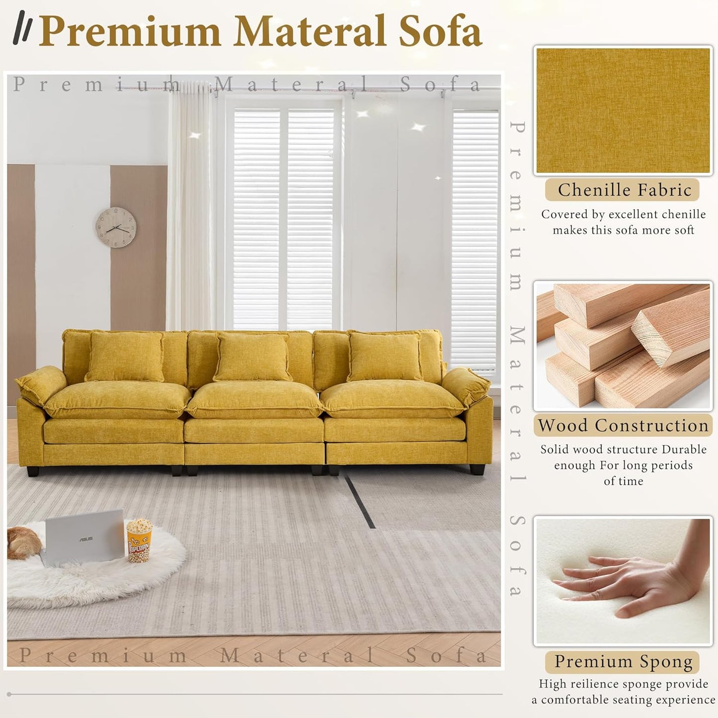 URRED Modular Sectional Sofa Comfy Cloud Couch, Modern Chenille Sofa Sleeper Deep Seat Couches with Ottoman/Pillows for Living Room (Yellow, 117'')