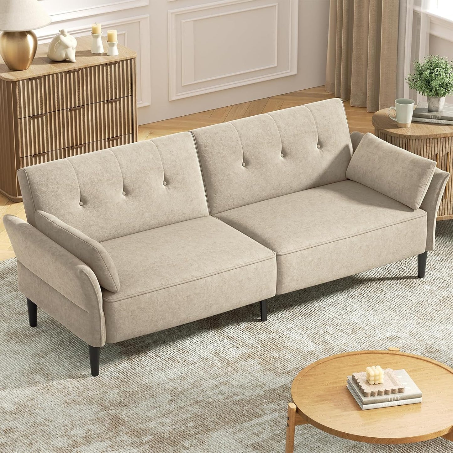 89” Futon Sofa Bed, Velvet Fabric Comfy Futon Couch Bed with 2 Square Pillows, Convertible Sleeper Sofa with Adjustable Backrest& Armrests, Modern Loveseat Sleeper for Living Room, Beige