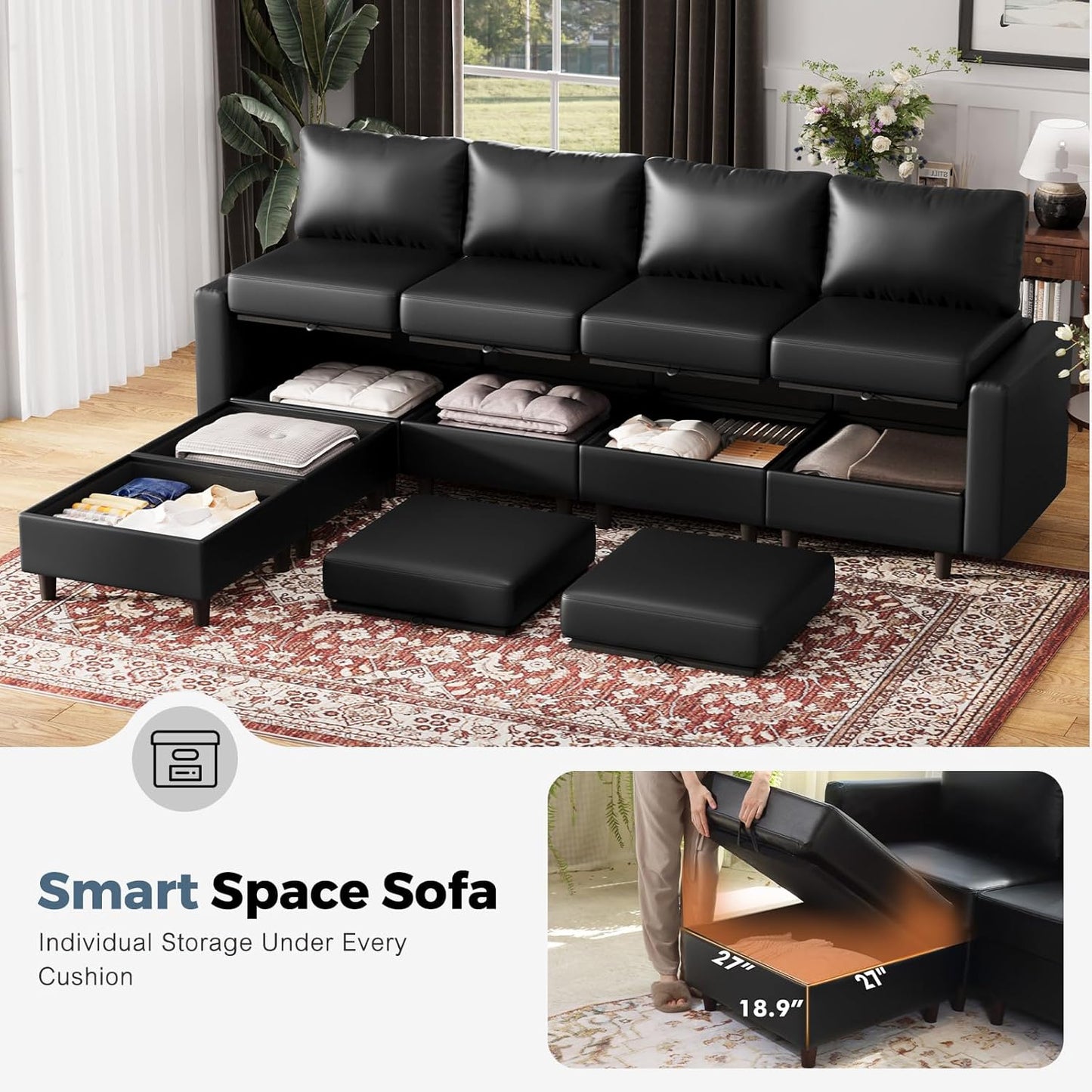 ABCASA Oversized 172.5" Faux Leather Modular Sectional Sofa, Modern Large 11 Seater U Shaped Couch with Storage Seat with Reversible Chaise Deep Seat for Living Room DIY Combination - Black