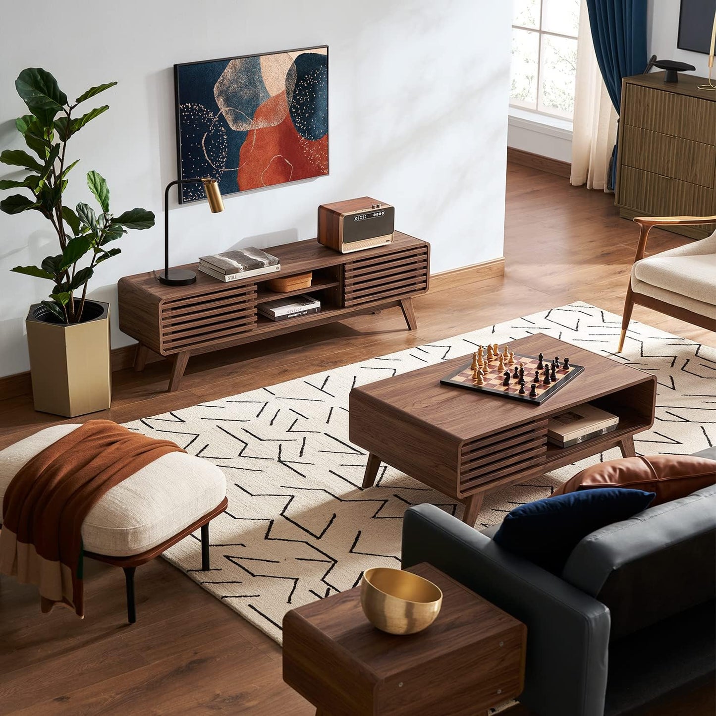 mopio Ensley TV Stand, Mid Century Modern for 55/60/65 inch TV, Farmhouse TV Stand, Entertainment Center with Storage, TV and Media Consol for Living Room (Walnut, 59")