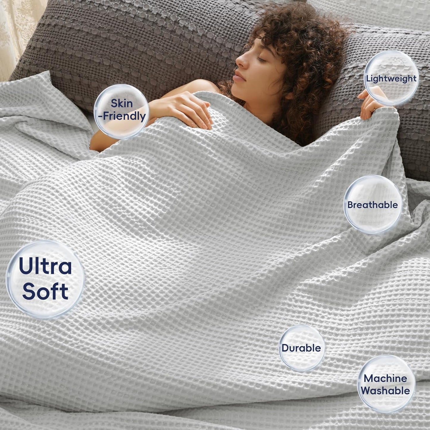 PHF Ultra Soft Waffle Weave Blanket Queen Size 90"x 90"- Washed Lightweight Breathable Cozy Woven Blanket for Bed - Aesthetic Decor for Couch Bedding Sofa Home Car - Light Grey