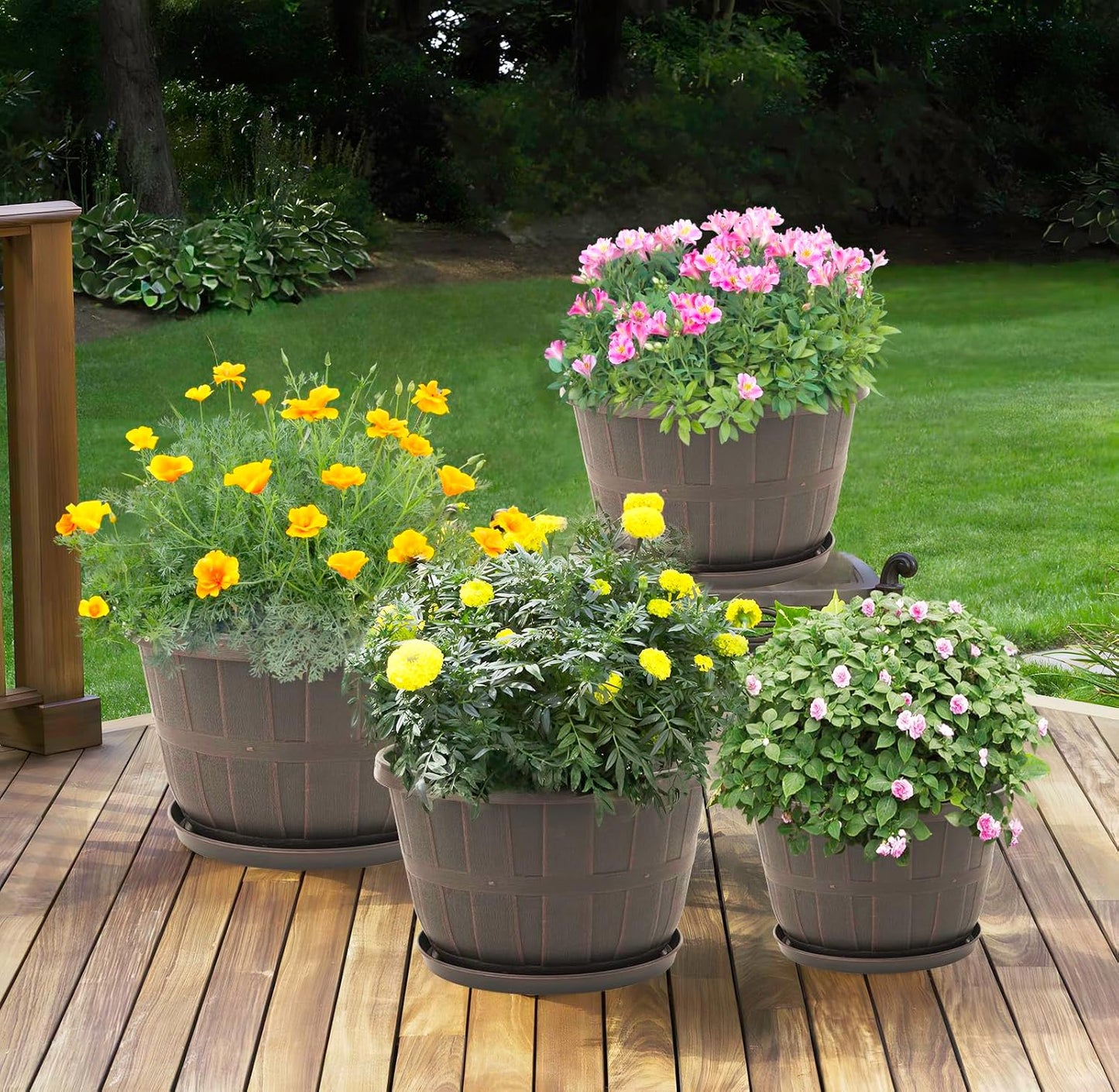 Quarut 14 Inch Plastic-Flower-Pot-for-Indoor-Plants, 4 Pack Large Outdoor Planter Pot with Drainage Holes & Saucers, Resin Decorative Garden Pots Planters（Brown）