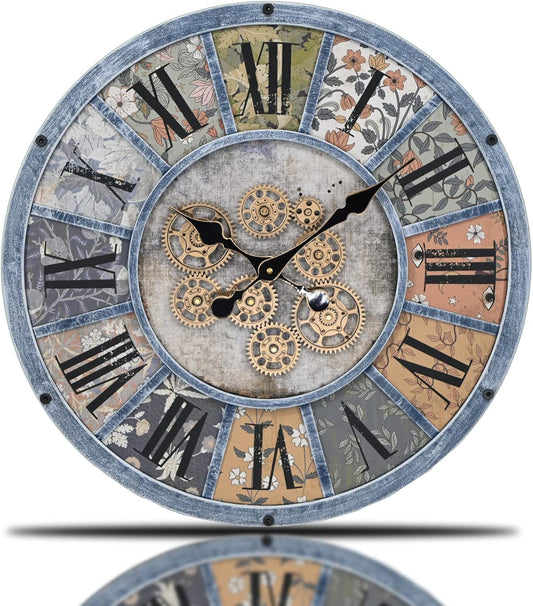 Unique Moving Gear Large Wall Clock - Battery Powered. Retro Industrial Steampunk Country Farmhouse Decor for The Living Room Kitchen Bars cafes and Offices (Blue/Metal/Round)