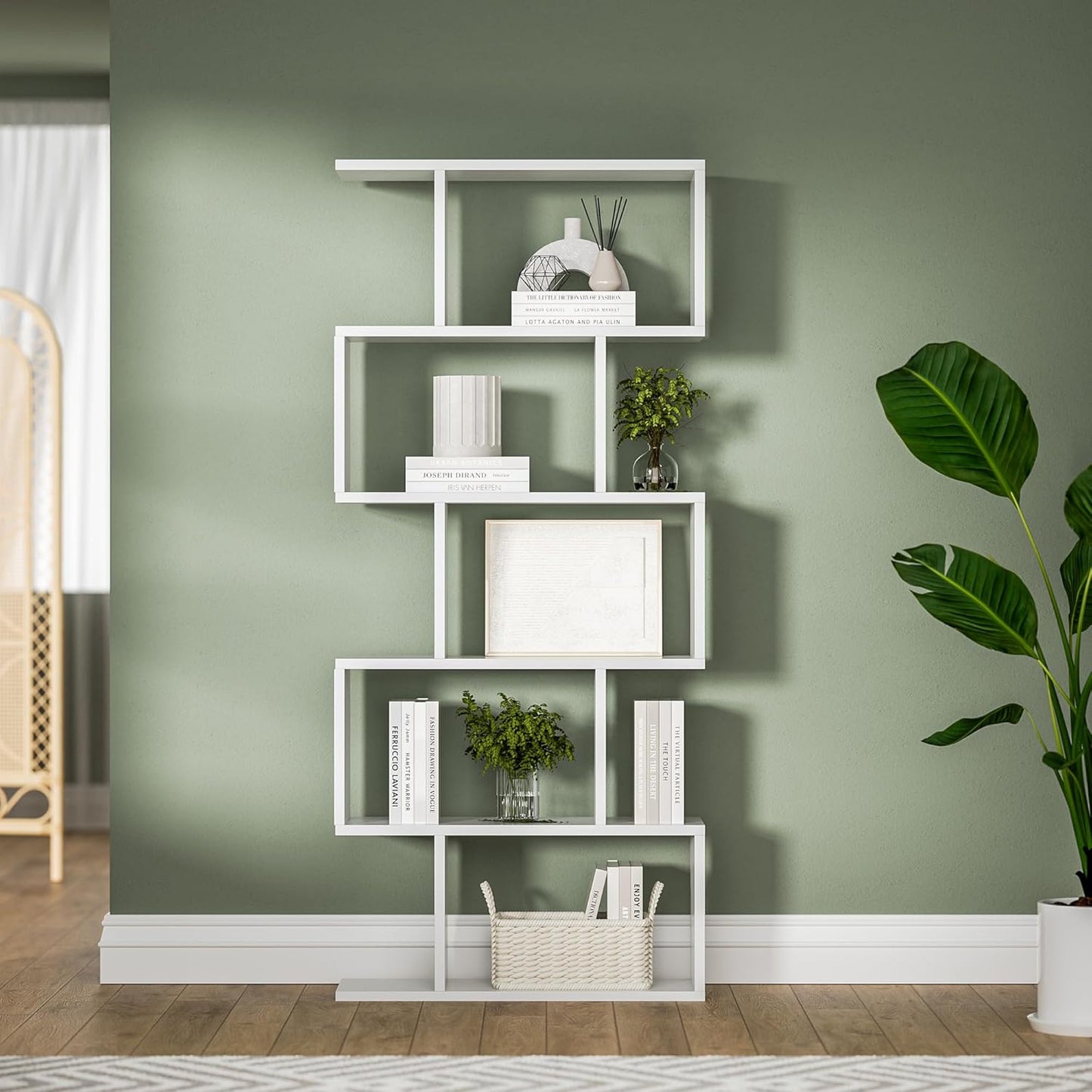 White 5-Tier Geometric Bookcase, S-Shaped Modern Bookshelf Set of 2, 62.6" Tall Room Divider Book Shelf, Decorative Display Shelf