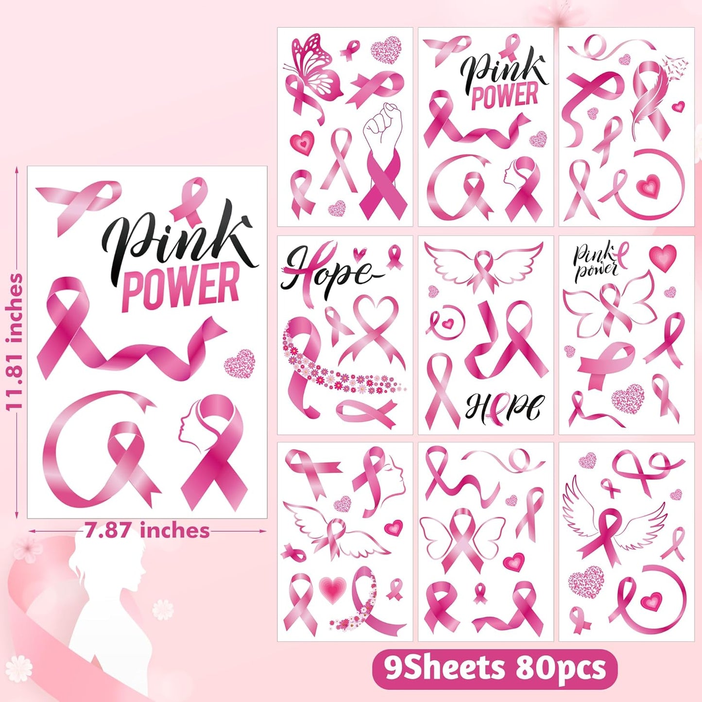 9 Sheets Breast Cancer Awareness Window Clings, 77 Kinds of Pink Window PVC Stickers for Pink Ribbon Decorations, Hope Fight Cancer Theme Windows Decals for Glass Home Decor Supplies