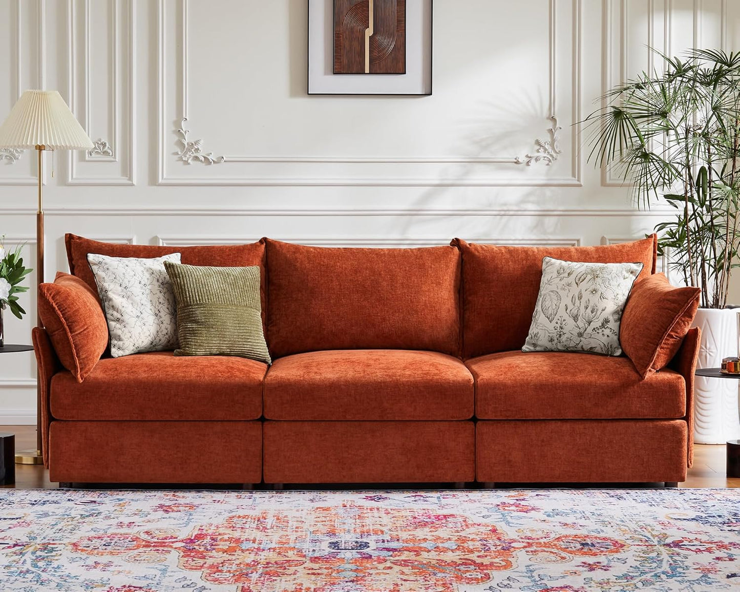 102.6" Modular Sectional Sofa, Oversized 3-Seater Terracotta Orange Couch with Removable Chenille Fabric Cover, Deep Seat & High Backrest for Living Room, Office & Apartment