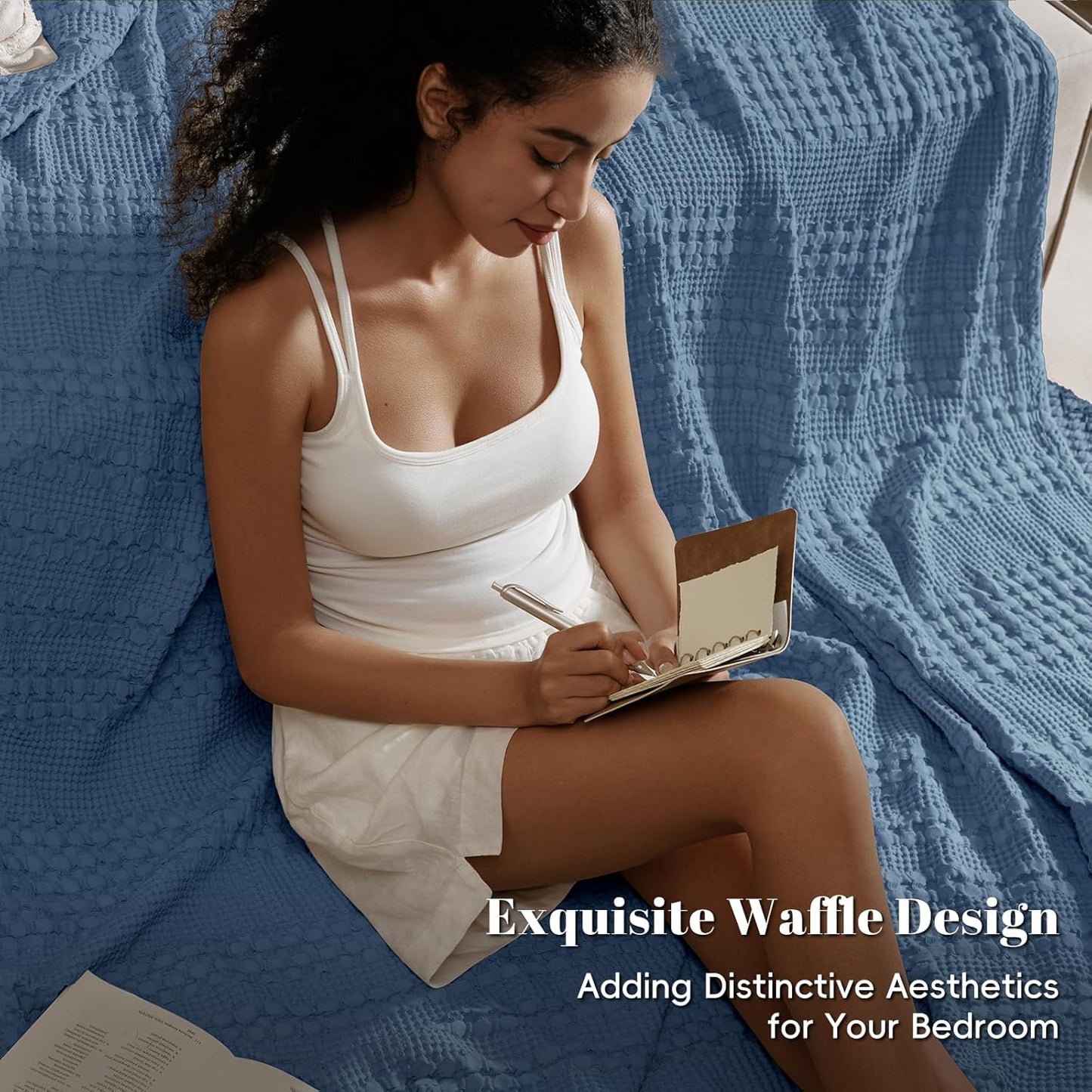 PHF 100% Cotton Waffle Weave Blanket Queen Size, Soft Lightweight Breathable Cozy Summer Blankets for Bed, Luxury Aesthetic Woven Bedding for Home Decor, 90"x90", Captain's Blue